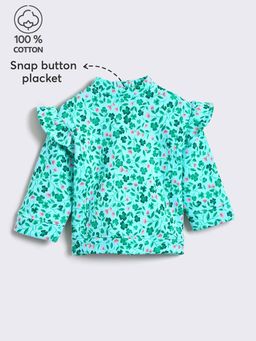 Hopscotch - Green Pure Cotton Ruffle Embellished Sweatshirt