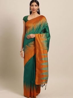 Stylee LIFESTYLE - Green Ikat Silk Jacquard Saree With Blouse Piece