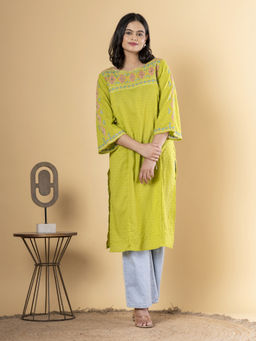 Readiprint - Straight Style Cotton Fabric Green Color Kurta