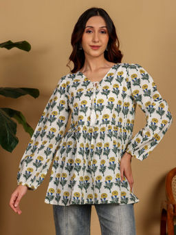 Chowkhat - Yellow Hand Block Pure Cotton Flare Tunic