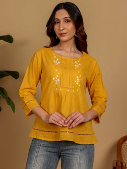 Chowkhat - Mustard Hand Embroidered Pure Cotton Short Tunic