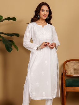 Chowkhat - White Handloom Chikankari Lace Mul Cotton Straight Kurta