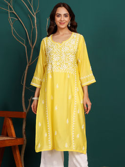 Chowkhat - Yellow Handloom Chikankari Chanderi Straight Kurta