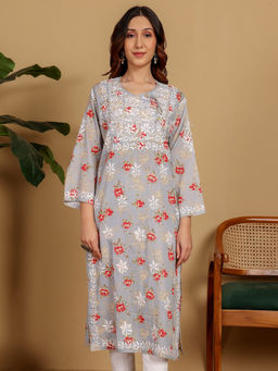 Chowkhat - Grey Handloom Chikankari Angrakha Mul Cotton Straight Kurta