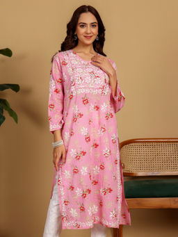 Chowkhat - Pink Handloom Chikankari Angrakha Mul Cotton Straight Kurta