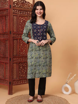 Sufiza Lifestyle - Hand Block Ajrak Print Green Straight Kurta