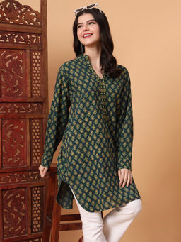 Sufiza Lifestyle - Hand Block Ajrak Print Green Straight Kurti