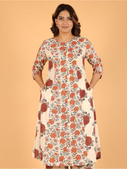 ARAMYA - Orange Soft Cotton A-Line Floral Print Kurta For Women