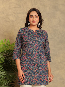 ARAMYA - Blue Soft Cotton Straight Floral Print Kurta For Women