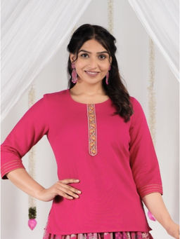 ARAMYA - Pink Soft Cotton Solid Kurti For Women