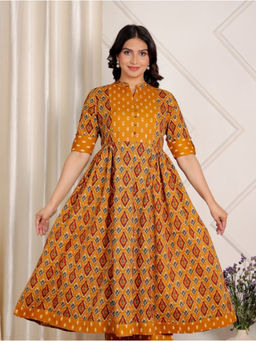 ARAMYA - Yellow Soft Cotton Panelled Ikat Print Kurta For Women