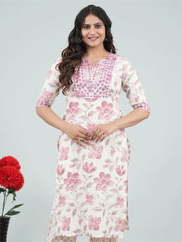 ARAMYA - Peach Soft Cotton Straight Floral Print Kurta For Women