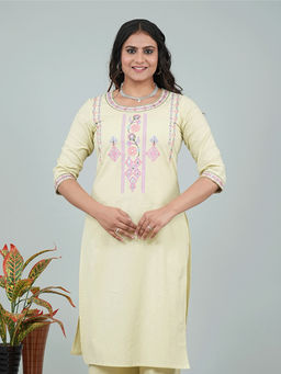 ARAMYA - Green Linen Cotton Straight Solid Kurta For Women