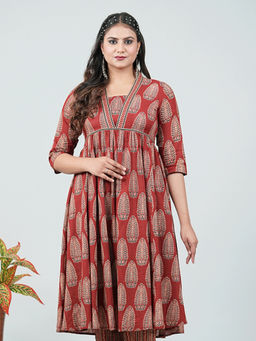 ARAMYA - Red Soft Cotton Ajrakh Print Kurta For Women