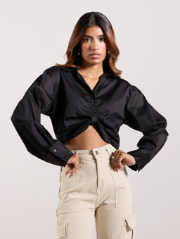 MIXT by Nykaa Fashion - Black Solid Full Sleeves Twisted Crop Shirt