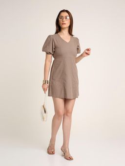 BLNK - Beige Solid/Plain Half Sleeves Flared Dress