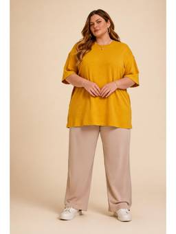 Curvy Love - Mustard Solid/Plain Half Sleeves Oversized T-Shirt