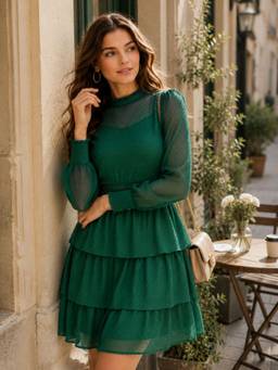 STREET 9 - Green Self Design Full Sleeves Regular Dress