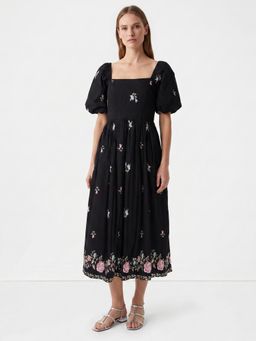 Cover Story - Black Floral Half Sleeves Flared Dress
