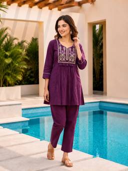 SURILI - Purple Embroidered Three Fourth Sleeves Regular Co-ord Set
