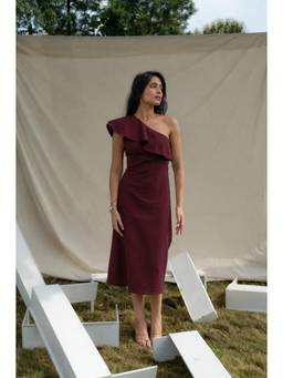 MEGASA - Wine Solid/Plain Sleeveless A-Line Dress