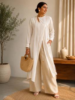 MEGASA - Ivory Solid/Plain Full Sleeves Tie-Ups Dress