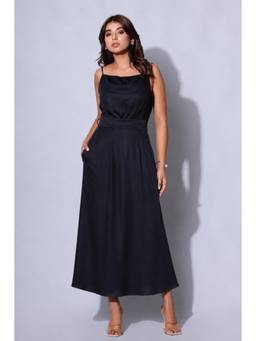 MEGASA - Black Solid/Plain Sleeveless A-Line Dress & Belt