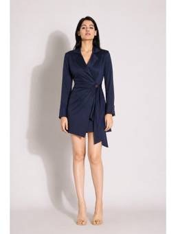 MEGASA - Navy Blue Solid/Plain Full Sleeves A-Line Dress