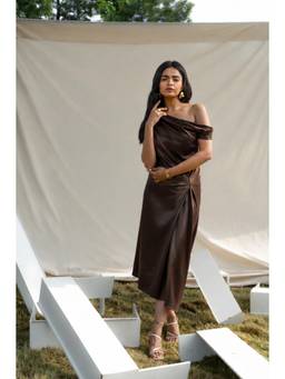 MEGASA - Brown Solid/Plain Sleeveless Regular Dress