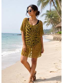 NOBARR - Yellow Self Design Half Sleeves Regular Dress