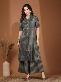 RAASSIO - Multi-Color Stripes Half Sleeves Regular Co-ord Set