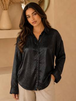 PINACOLADA - Black Self Design Full Sleeves Relaxed Shirt