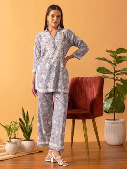 ADA - Hand Embroidered Lucknowi Chikankari Floral Printed Grey Co-Ord (Set of 2)