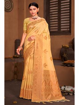 Sangam Prints - Yellow Cotton Woven Zari Work Traditional Tassel Saree with Unstitched Blouse