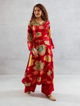 Autumnlane - Bakul Sindoori Red Floral Print Kurta with Palazzo (Set of 2)