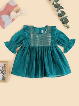 Fabindia - Girls Teal Cotton Silk Woven Dress