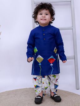 KID1 - Boys Navy Blue Cotton Embroidered Kurta with Dhoti