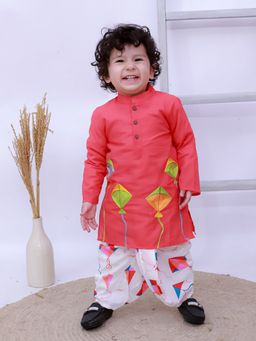 KID1 - Boys Red Cotton Embroidered Kurta with Dhoti