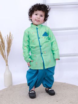 KID1 - Boys Green Silk Printed Kurta with Dhoti