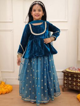 KID1 - Girls Blue Velvet Embroidered Choli with Lehenga and Dupatta