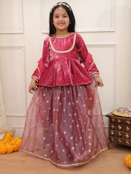 KID1 - Girls Pink Velvet Embroidered Choli with Lehenga and Dupatta