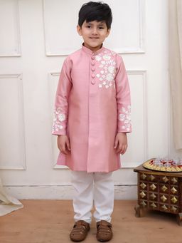 KID1 - Boys Peach Silk Embroidered Kurta with Pyjama