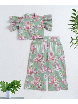 The Magic Wand - Girls Green Cotton Printed Top with Pant