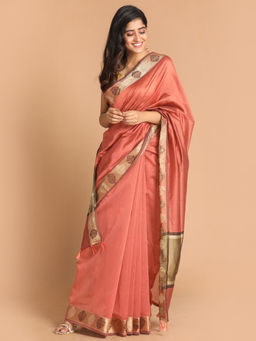 Indethnic - Banarasi Rust Solid Work Wear Saree With Unstitched Blouse