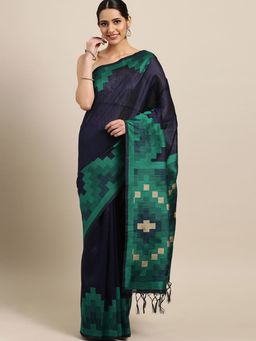 Stylee LIFESTYLE - Navy Blue Ikkat Silk Jacquard Saree With Blouse Piece