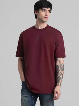 Jack & Jones - Maroon Drop Shoulder Boxy Fit Non Stretch T-Shirts