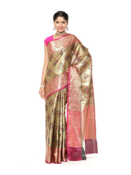 Banarasi Silk Works - Gold Paithani Zari Pink Pattu Border Art Saree with Unstitched Blouse