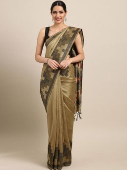 Stylee LIFESTYLE - Beige Ikkat Silk Jacquard Saree With Blouse Piece