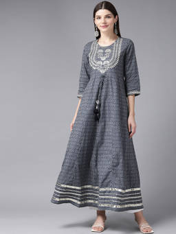 Yufta - Women Grey Geometric Printed Mirror Work Kurta