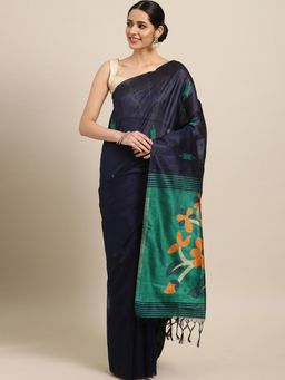 Stylee LIFESTYLE - Navy Blue Ikkat Silk Jacquard Saree With Blouse Piece